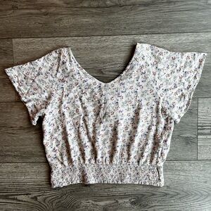 Paper Crane Ivory Floral Crinkle Blouse Short Sleeve Tie Back Wildflower XS